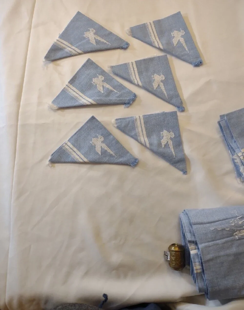 Vintage Hand Woven/Embroidered Lt. Blue Striped Napkin & Table Cloth/Runner Set
